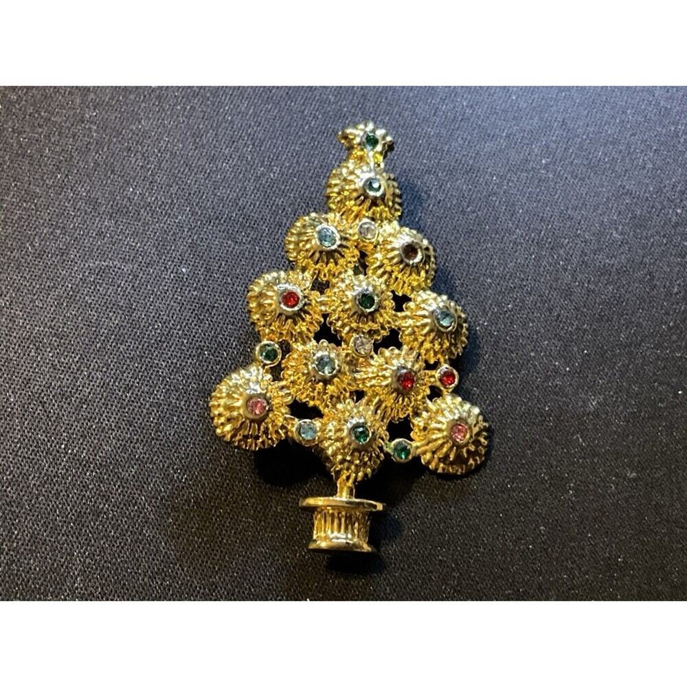Gold Tone Rhinestone Ornaments Christmas Tree Brooch